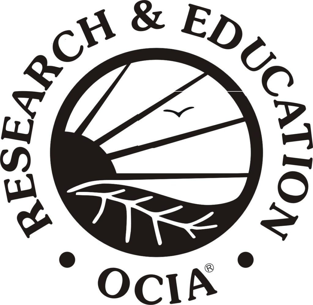 a circular logo for the OICA organization. The logo says research, education, ocia. OCIA stands for Organic Crop Improvement Association.